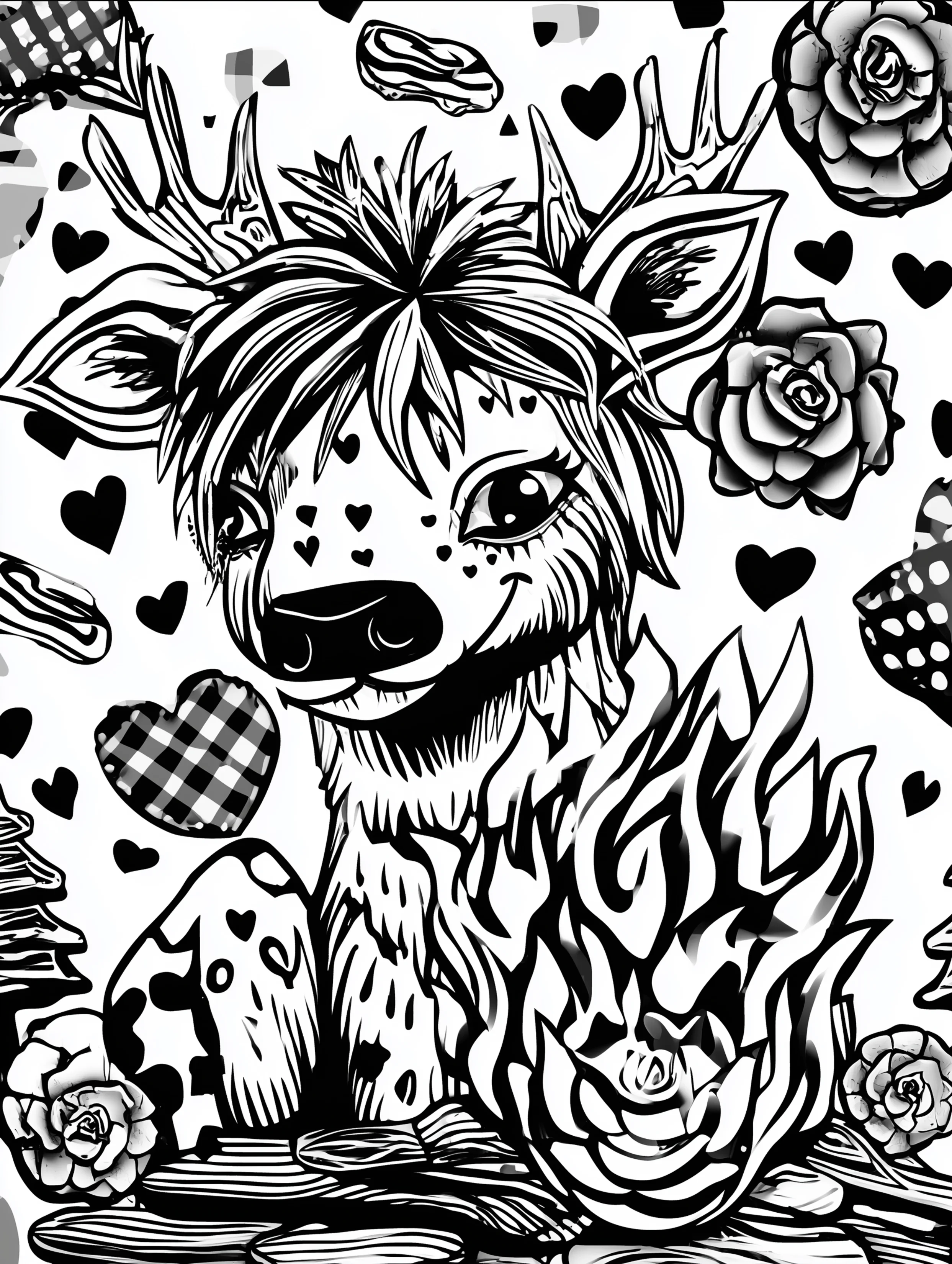 Free printable reindeer coloring page for adults featuring a reindeer by a bonfire